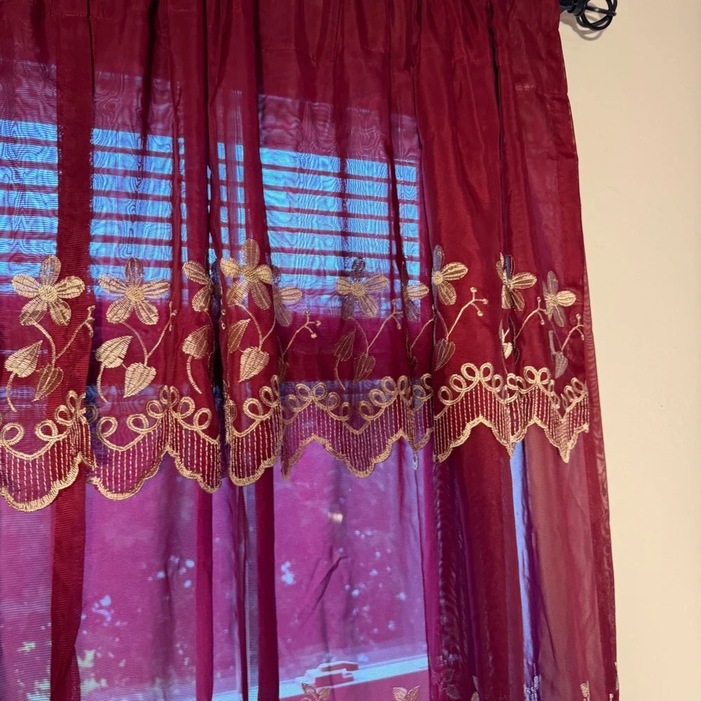 Vtg Burgundy Sheer Embroidered Curtains Set of 2 Lace Window Panels 66.5